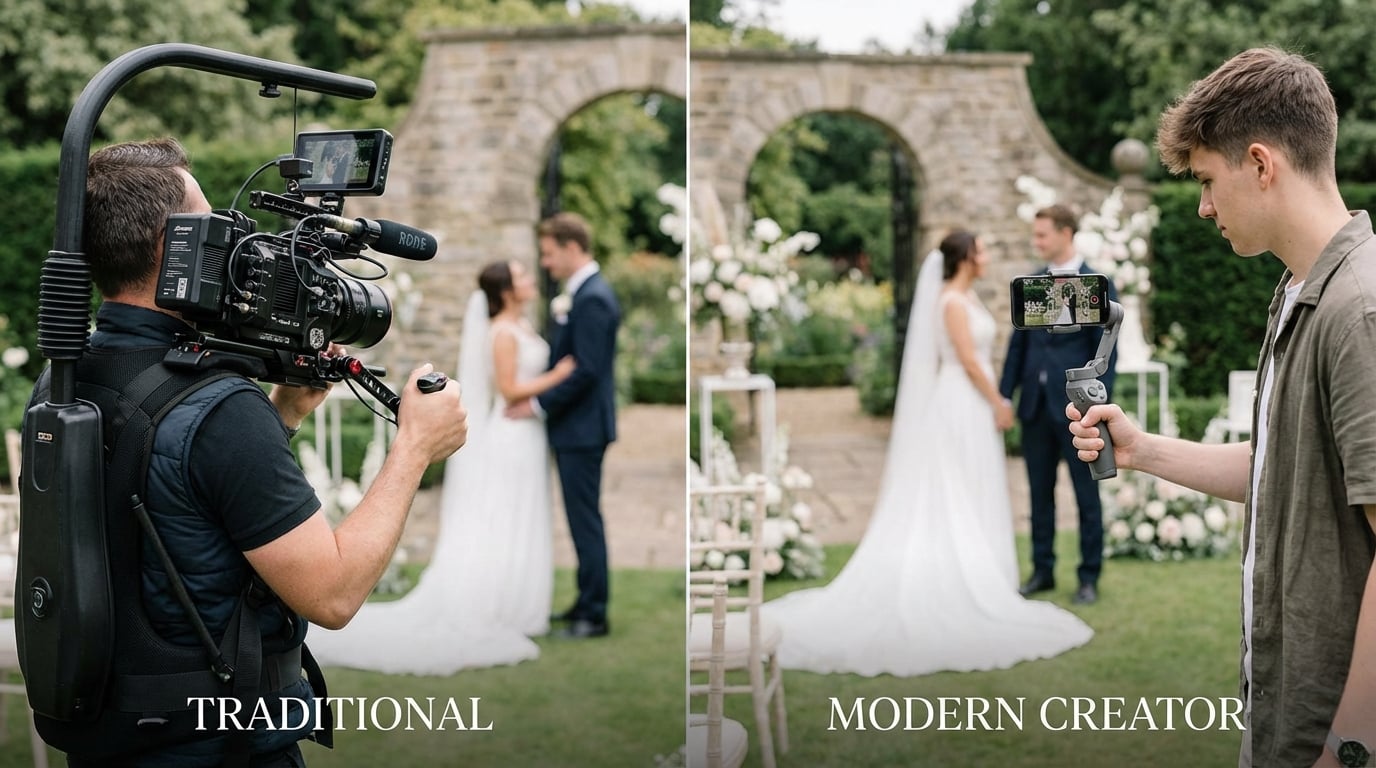 Traditional videographer (left) vs content creator (right): different tools, different goals